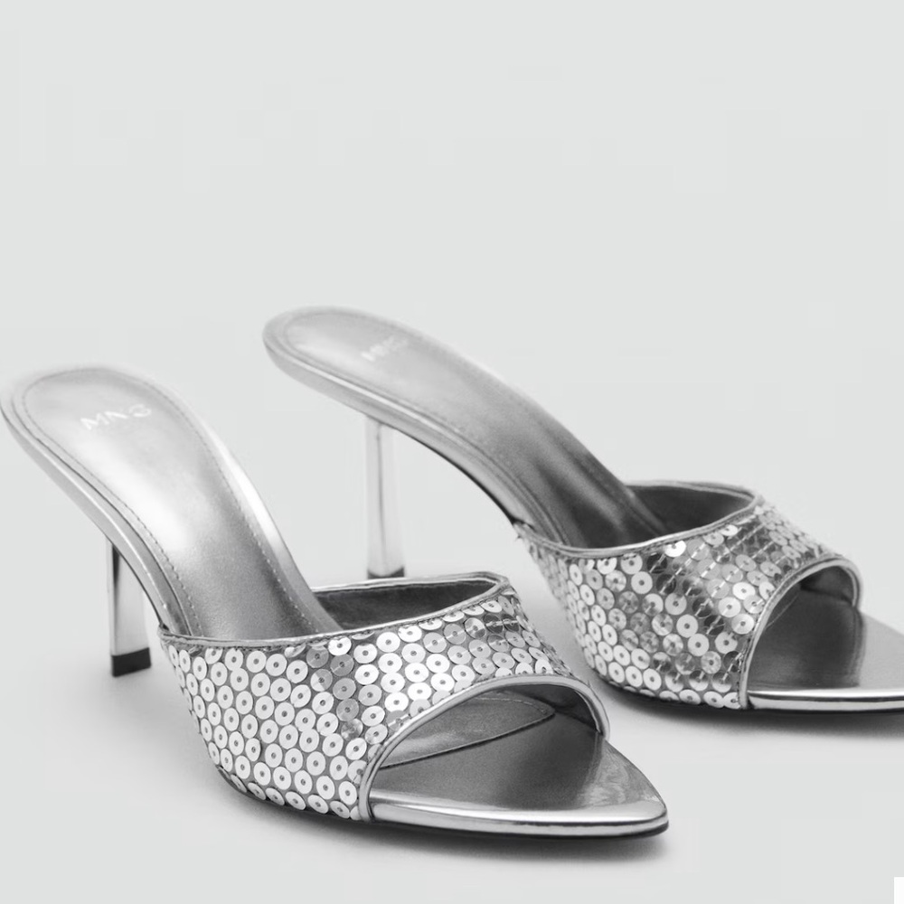 Mango Silver Sequin Open-Toe Heels
